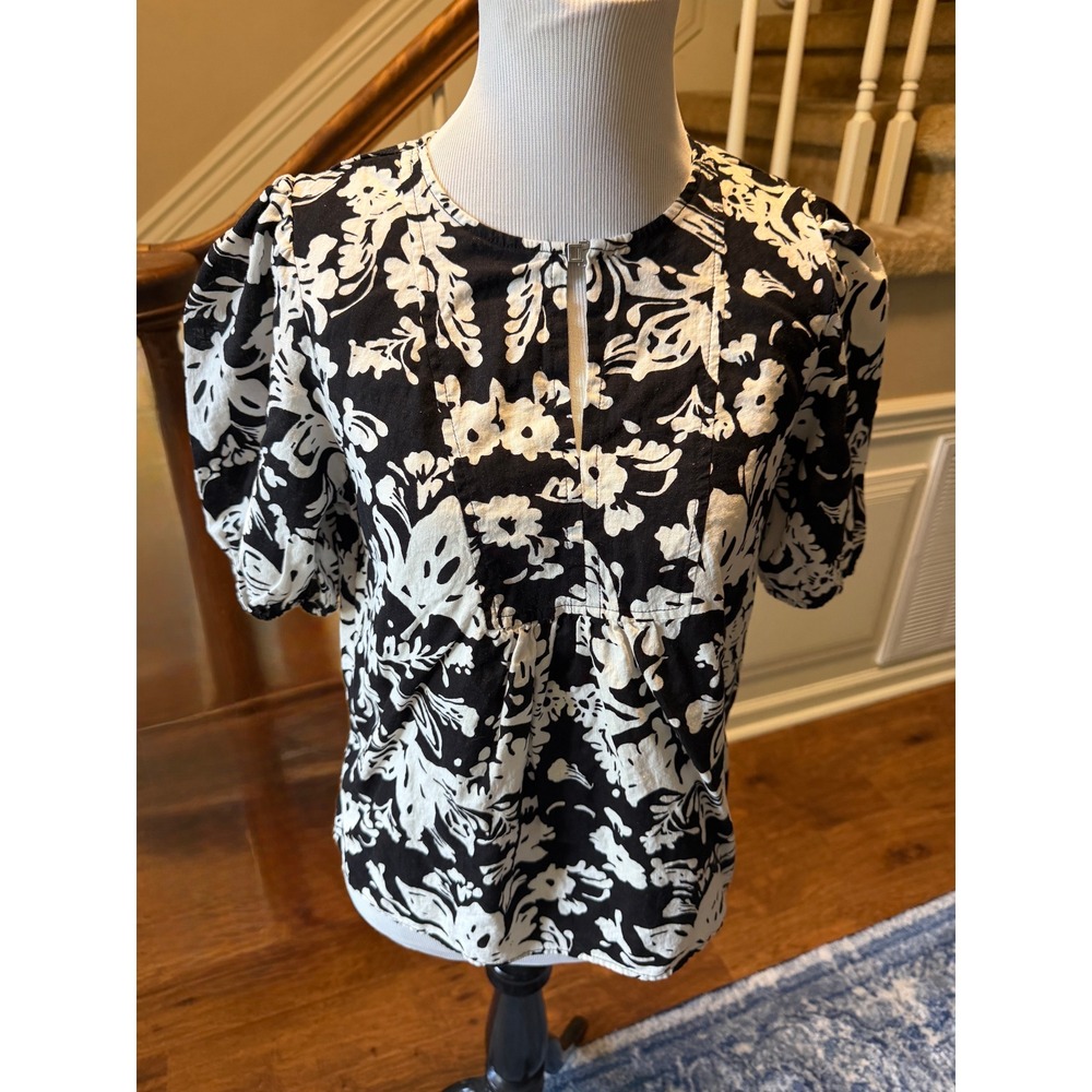 Christian Siriano New York Womens Black White Floral Puff Sleeve Blouse Small